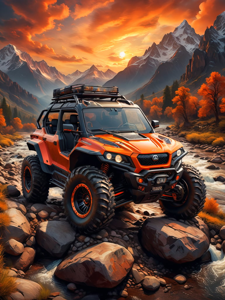 all-terrain vehicle on the background of a beautiful mountain landscape at sunset a mountain river rocks birds beautiful orange clouds cinematically super realistic