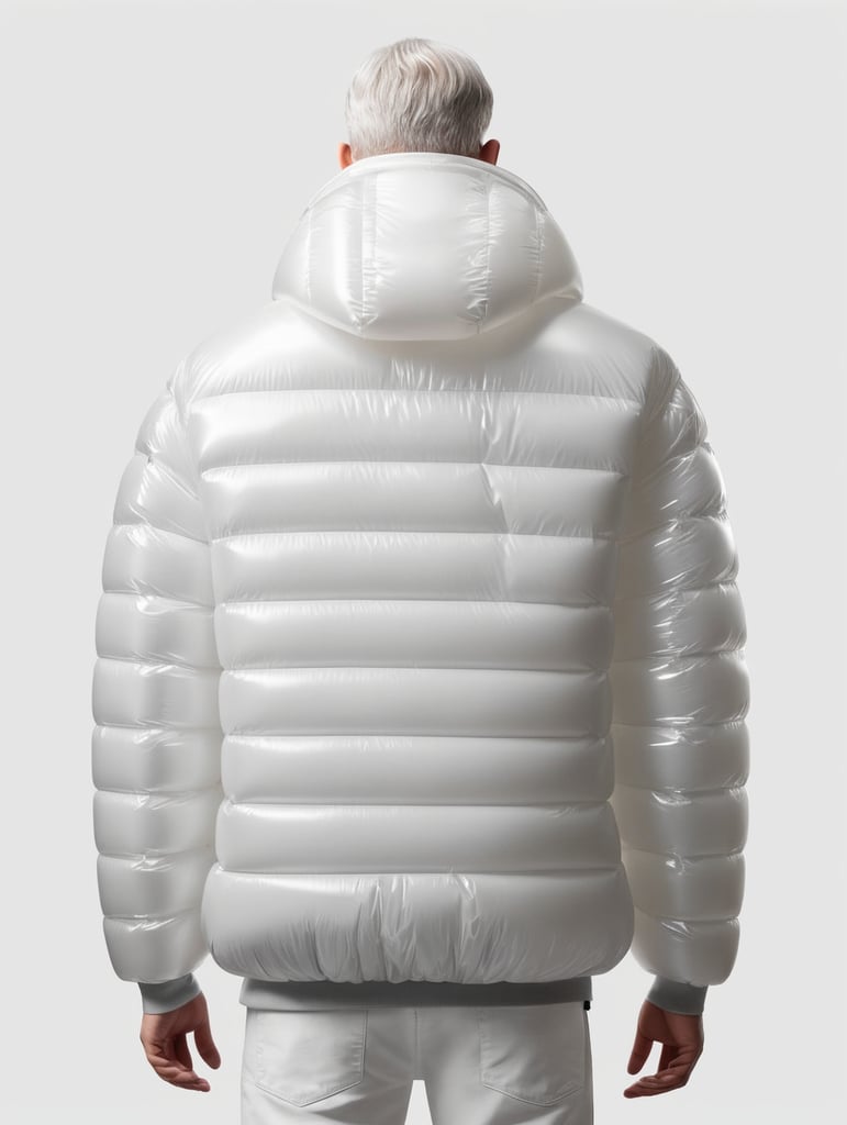 Inflatable white minimalist man's puffer jacket, back view, transparent, isolated, grey background, mockup