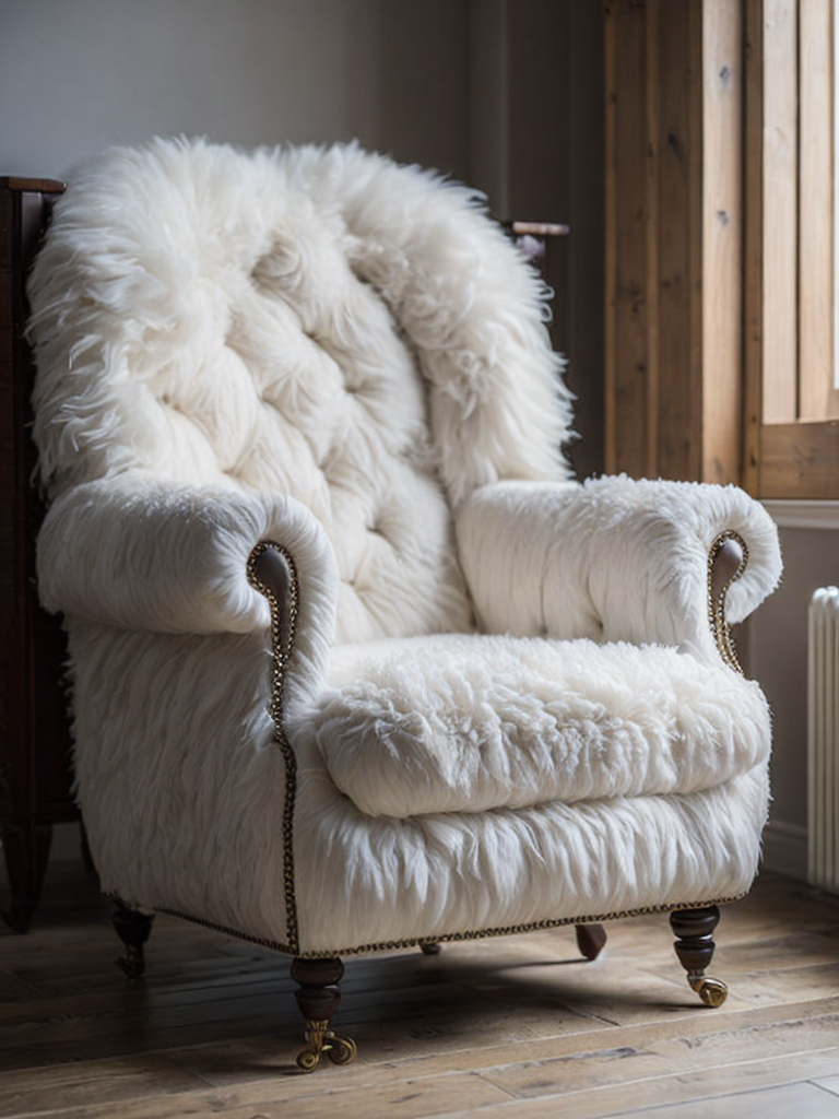 a white soft sheep chair, wood carved head and legs of the sheep, body is white wool