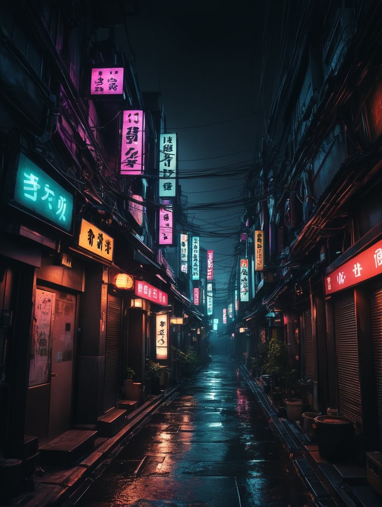 small street with neons, futuristic style, located in Tokyo or Seoul