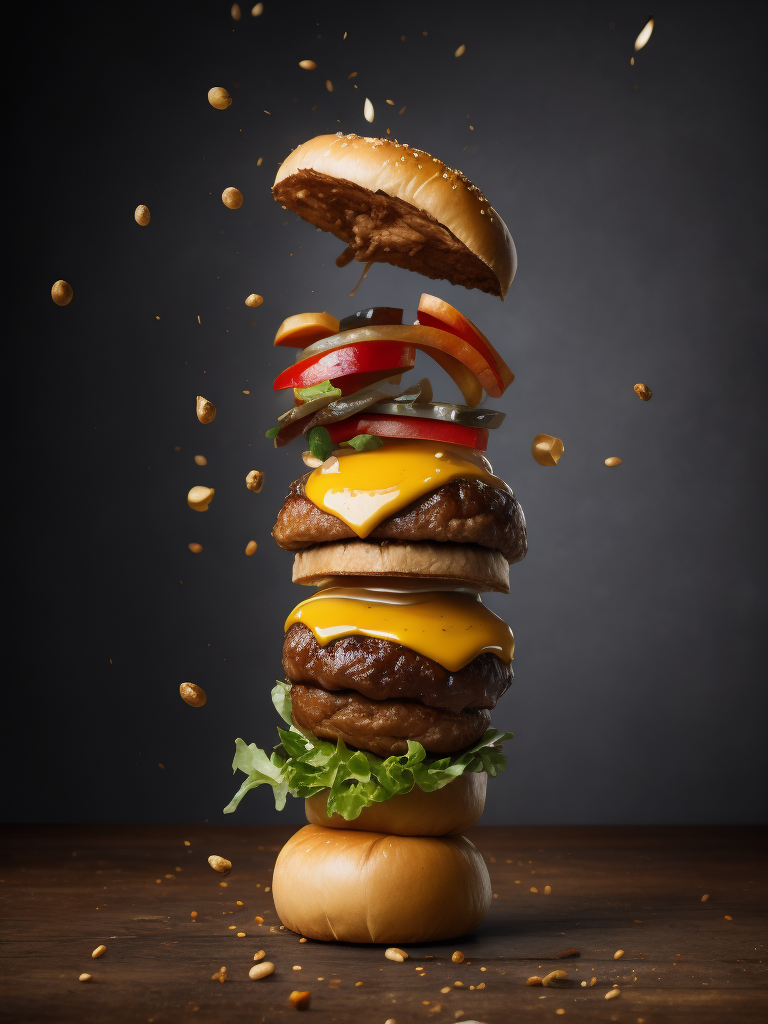 a hamburger falling into the air with a lot of ingredients on top of it, a hamburger being tossed in the air, photorealism, Artur Grottger, professional food photography