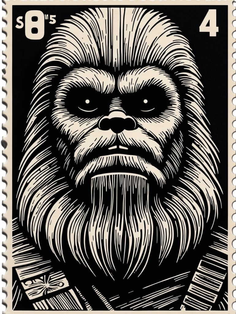 black and white linocut postage stamp chewbacca 43¢ thick lines bold dark lines vintage artwork