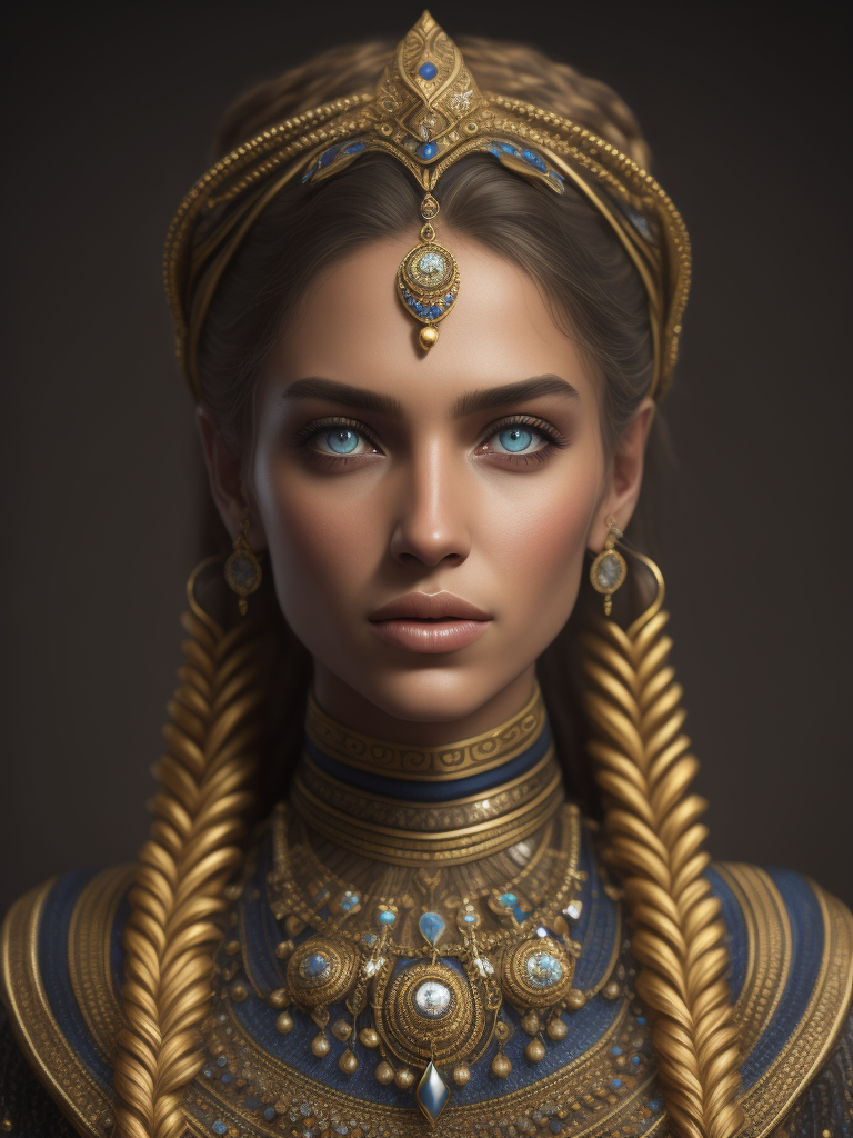 a sultana, golden braids, blue eyes, a Russian girl, a lot of jewelry. gold.