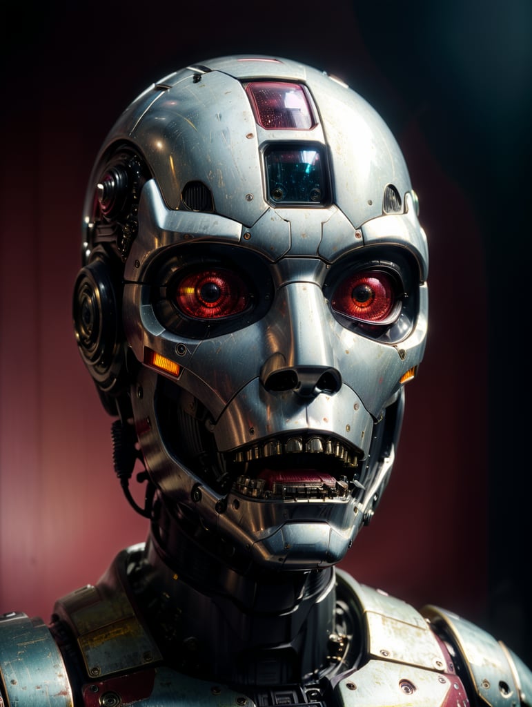 robot ciencia ficción años 1970, hecho de cristal, vista frontal, fondo rojo burdeos, estilo impresionista, arte digital