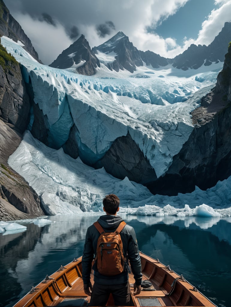 a young guy on a boat in front of a glacier