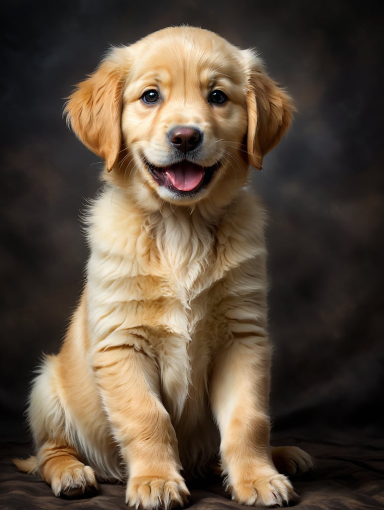 a very cheerful golden retriever puppy, on a colored background