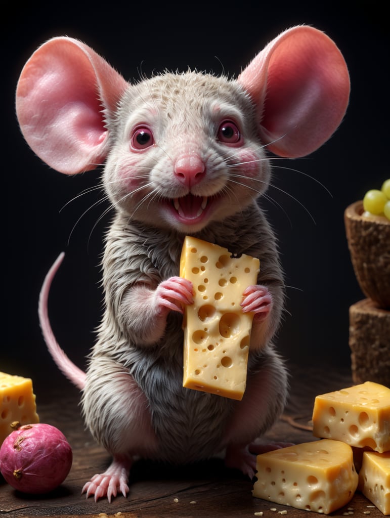 cute pink rat holding a cheese