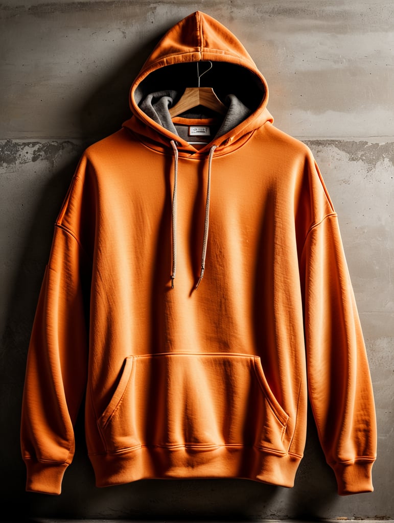 drop shoulder orange vintage washed hoodie without drawstrings blank mockup, laying on a concrete floor