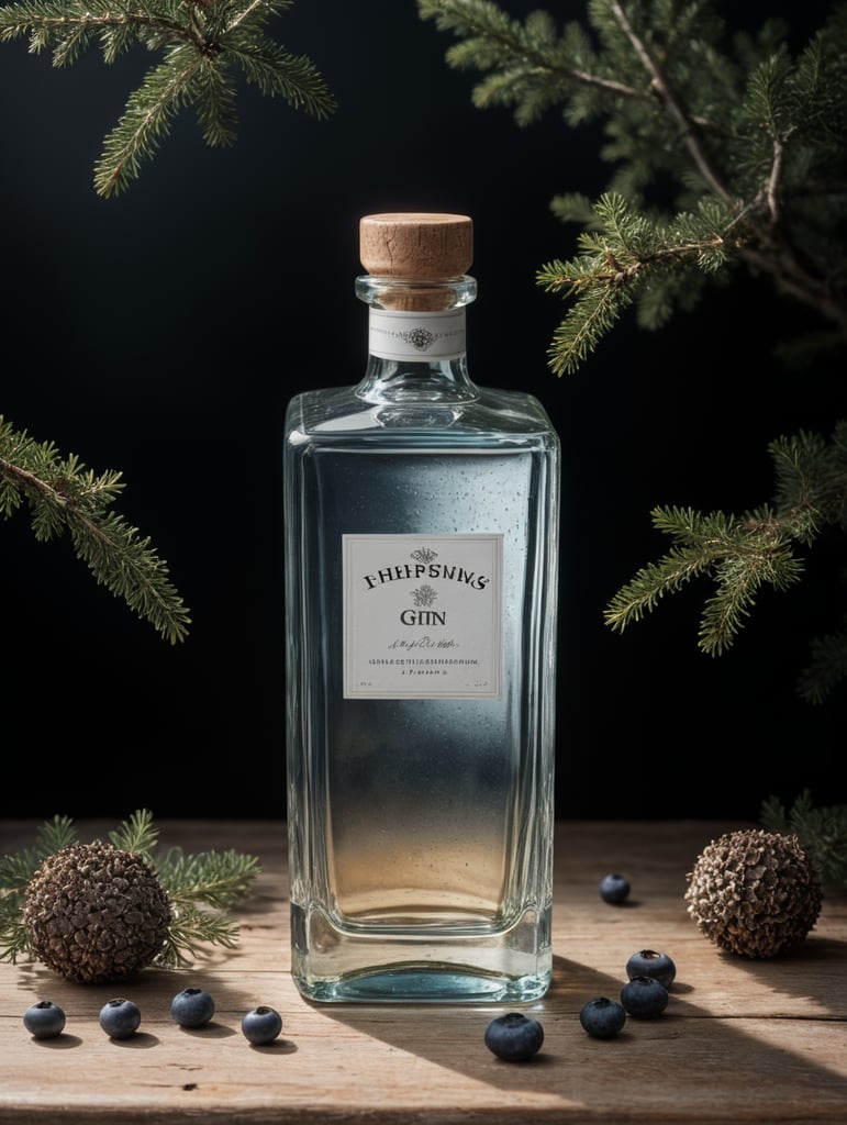 professional photography of a square gin bottle, square bottle, surrounding a juniper and juniper berries, one shot of gin in a front, no label, clear, mockup