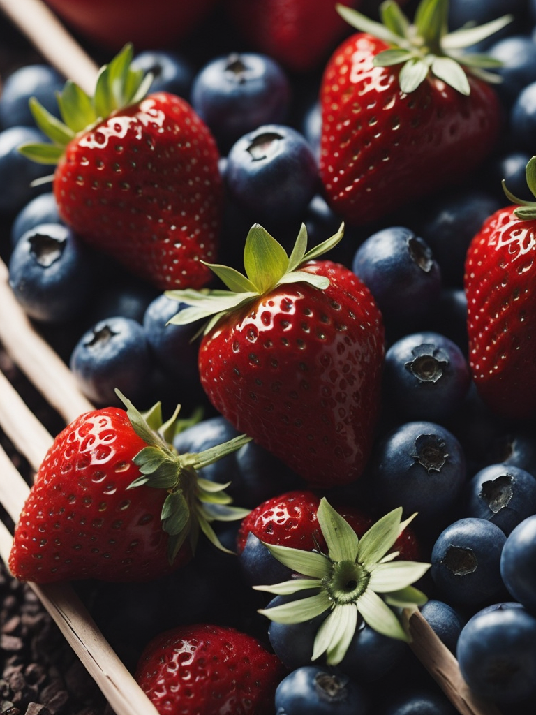 земляника, черника нанизаны на соломинке, солнце