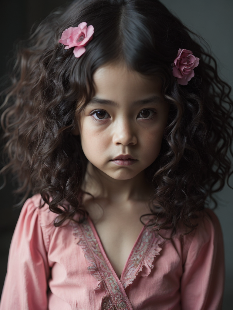 criança, mestiça japonesa, cabelo cacheado preto grande, pele clara, com 4 anos de idade, vestida de rosa.
