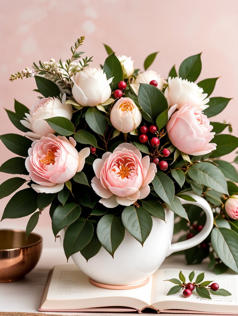 Soft pink roses, white Chinese peony, tiny apple blossom flowers, eucalyptus leaves, twigs of cranberries, twigs of copper pepper berries all arrangement into a cute beautiful flowers arrangement on a pink nickel mug. The mug is sitting on a thick white book with golden cover image design. Sunny, bright image. Ad copy, huge copy space on top of the image, negative space, hd, 8k, blurry dreamy background, beautiful pictures. Product