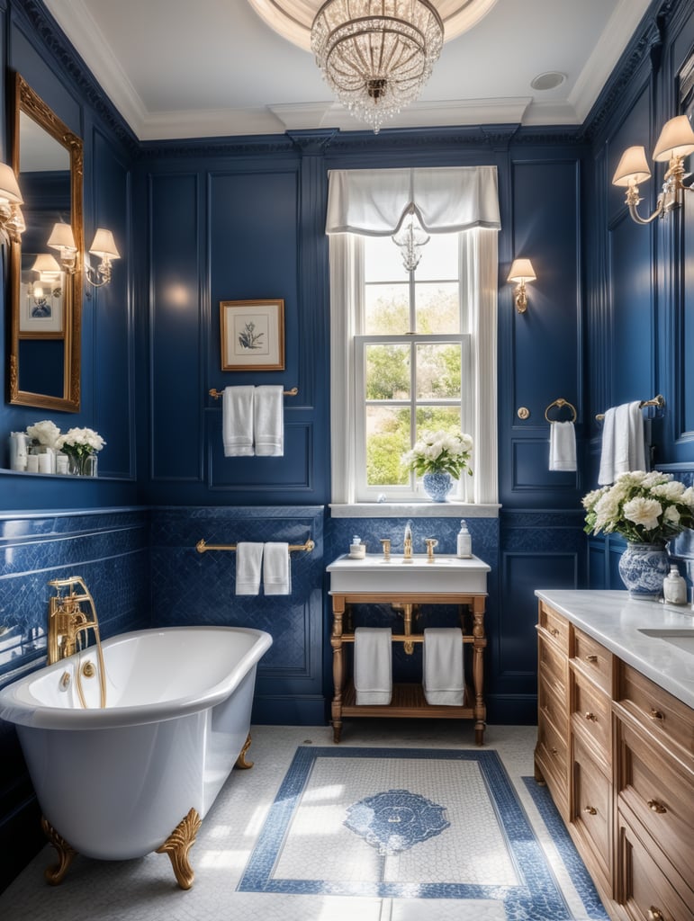 interior, bathroom in a victorian architectural style, clean modern design featuring blue and white color scheme, beautiful light