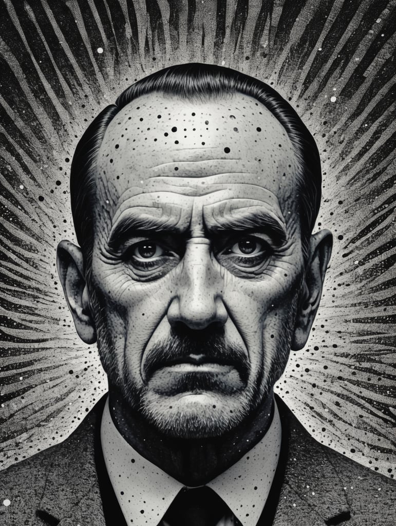 an illustration of a man, animation, halftone print, made of felt, abstract surrealism, surreal, neo-expressionism, hyper-detailed