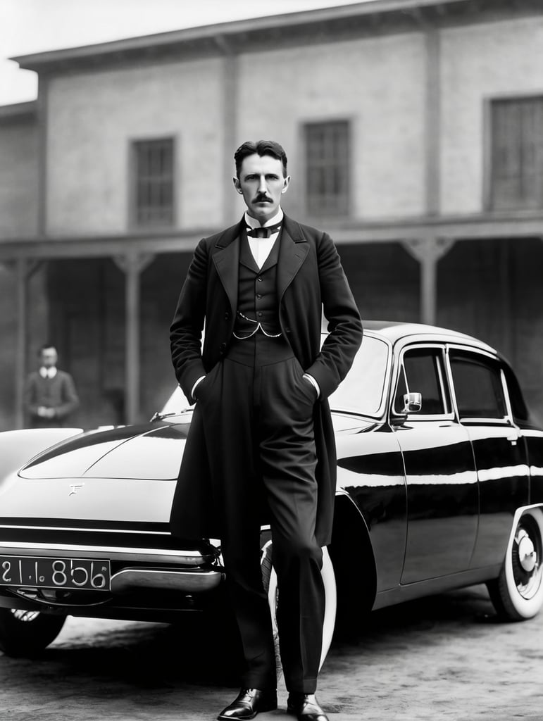 Nikola Tesla looks directly into the camera, with a Tesla car standing behind him.