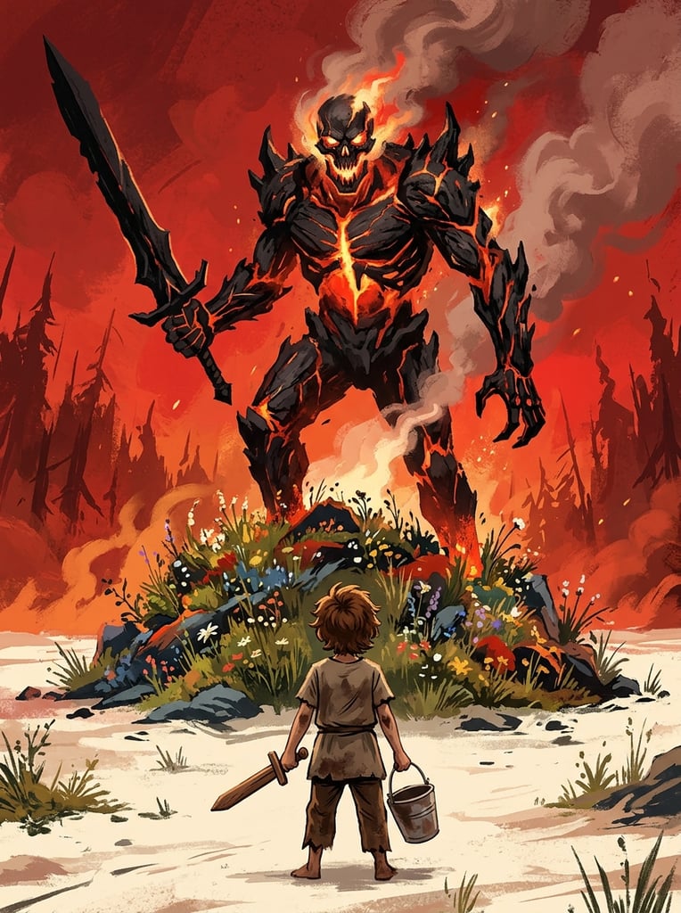 towering charred-black entity with a glowing skull visage and molten core, thick smoke billowing from its crown, grasping a long dark sword, standing atop a vivid mound of wildflowers and stones, looming over a small child seen from behind holding a wooden practice sword and metal bucket, pale sandy foreground, intense crimson background with jagged smoky forest silhouettes, bold painterly digital illustration, stark color contrast between the fiery red sky, the pitch-black figure, and lush floral pedestal