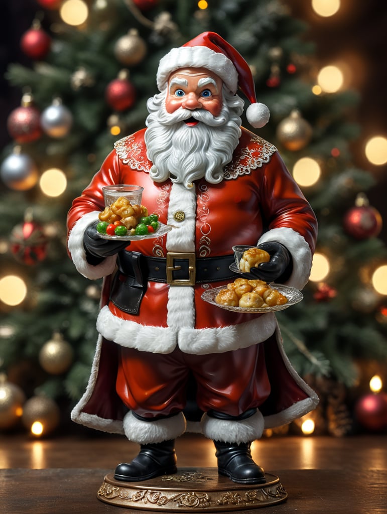 santa claus small glass glass figure, christmas toy for the christmas tree, embalagem de produtos congelados na mão esquerda, e a segurar um prato típico português de bacalhau assado.