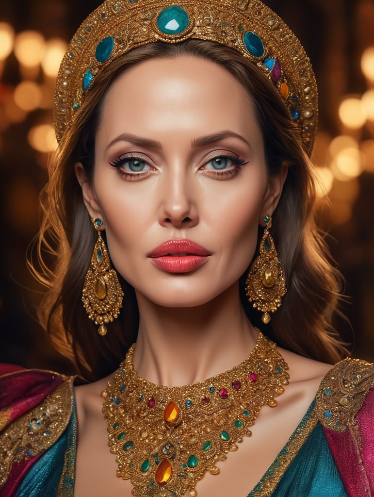 Angelina Jolie, bright and saturated colors, elegant, highly detailed, vogue, fashion magazine, sharp focus, bright expressive makeup, dramatic lighting, depth of field, incredibly high detailed, blurred background