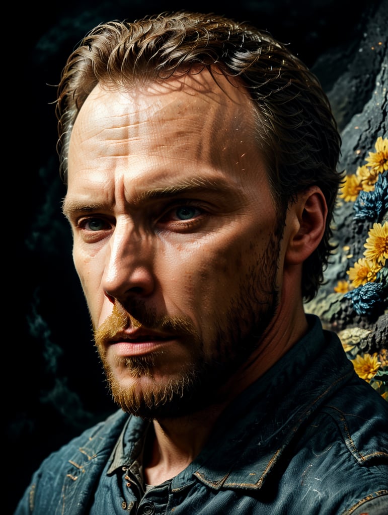 Create a collage styled portrait of Vincent van Gogh using his unique painterly style.