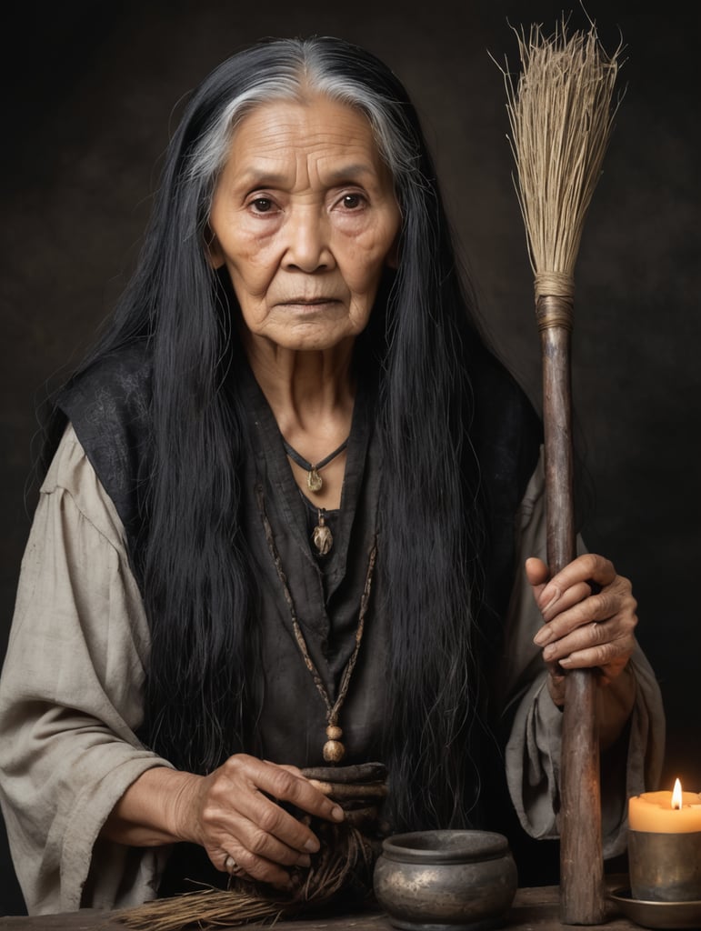 old woman, witch, front-facing portrait, tarnished and dirty clothes, long black hair, holding witchcraft items, Filipina woman, dark background