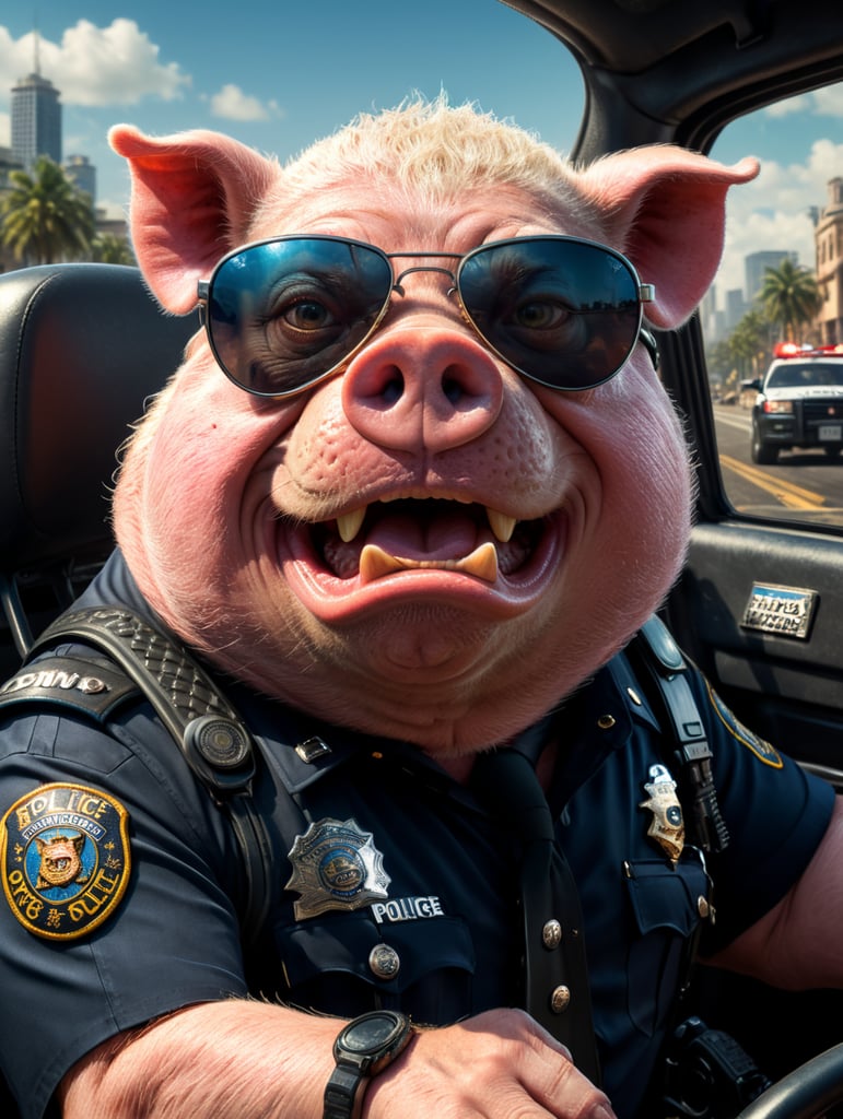 A angry pig police officer, sitting behind the wheel of a police car, close-up shot, sunglasses, clipart, stock photo