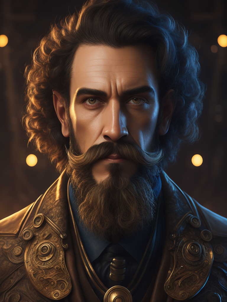 Steampunk man with a curly mustache with swirls of color behind him