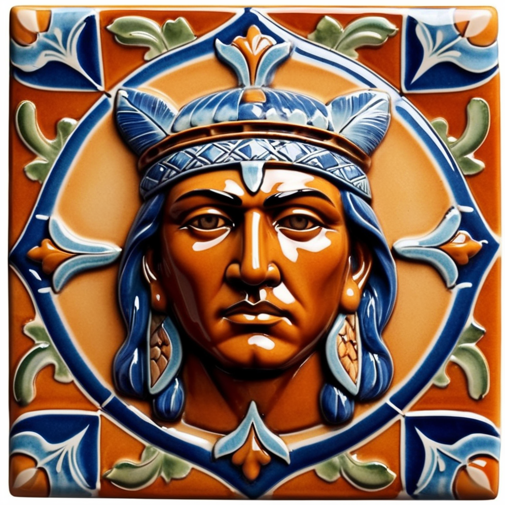 Square ceramic glazed tile with medieval art native American head, Azulejo