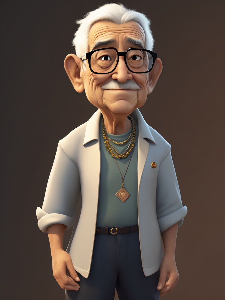 grandpa, black hair, Brown eyes, glasses and necklace, Full body, standing centered, Pixar style, 3d style, disney style, 8k, Beautiful, Pixar style girl with black hair brown eyes glasses and necklace