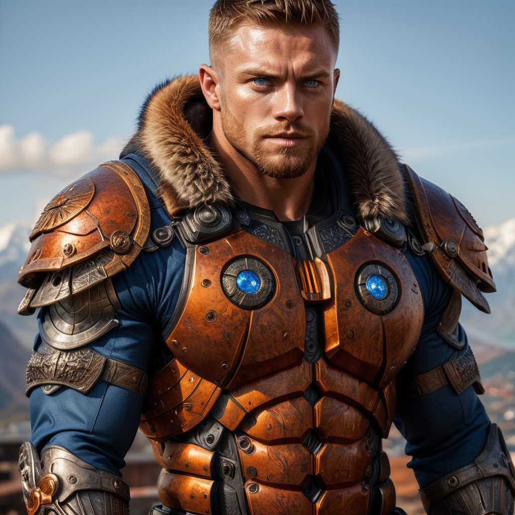 Me as an Scandinavian light skin, sparking blue eyes warrior combined with muscle body, mafia suit on and guns with the orange-red background or landscape