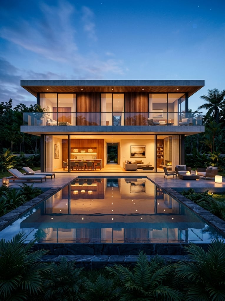 modern luxury two-story rectangular villa at twilight, frontal symmetrical architectural photography, flat roof, floor-to-ceiling glass walls, warm wood paneling, concrete structure, glowing amber interior lighting contrasting with deep cool blue evening sky, open-plan ground floor revealing dining and lounge spaces, stone patio with outdoor lounge chairs, large rectangular infinity pool in foreground reflecting the illuminated house, dark green tropical foliage bordering the pool base, silhouetted trees in the background, highly detailed photorealistic rendering, strong horizontal lines