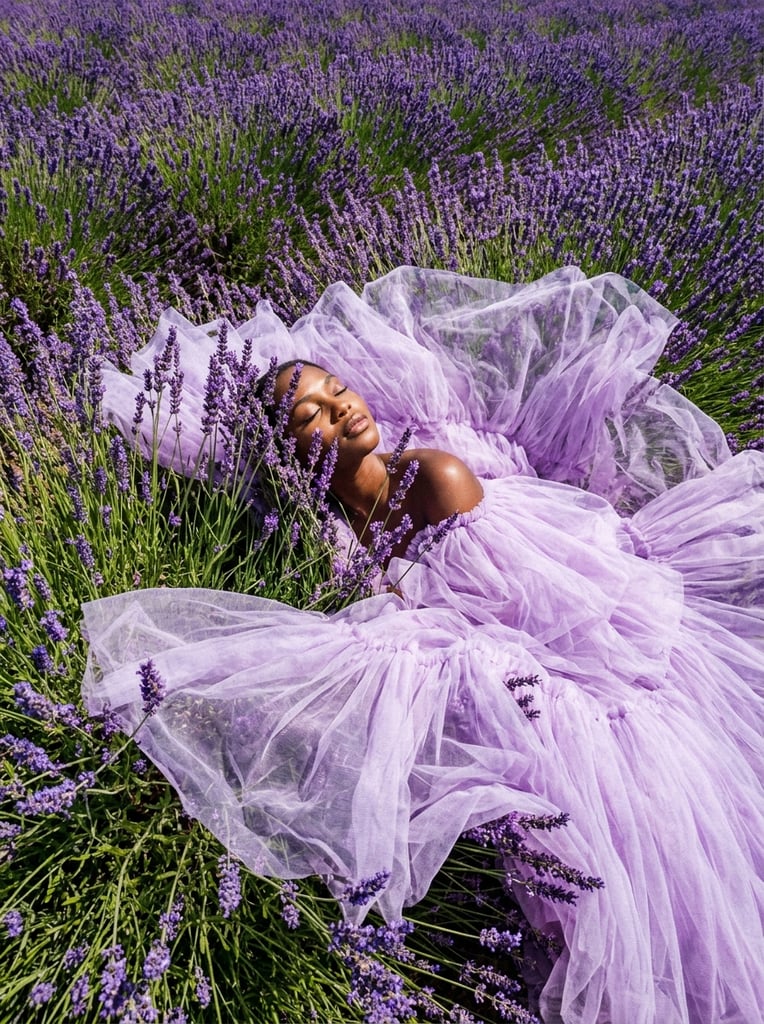 A fashion model lying down in a field of vibrant purple lavender, dark skin, wearing a voluminous, sheer lilac tulle gown, the fabric cascading and billowing over the flowers, eyes closed in a serene expression, face partially obscured by tall lavender stalks, bare shoulder visible, bright natural lighting, high contrast between the pale purple dress and the deep green and purple of the field, overhead perspective, editorial photography, highly detailed textures of the tulle and botanical elements
