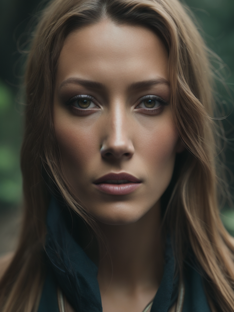 Blake Lively as a Native American woman, realism, photorealism, wearing beautiful regalia, high resolution, forest background, cinematic