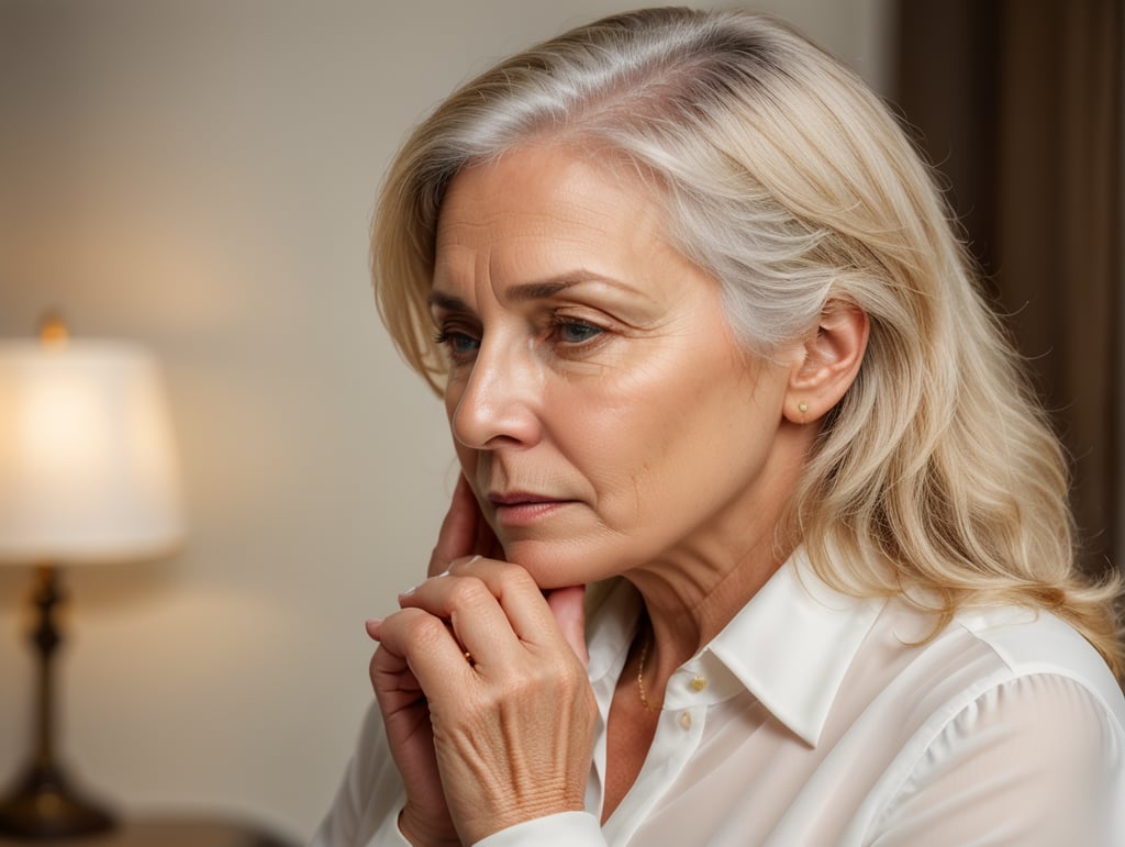 Blonde middle aged woman ponders on something keeps hand near face, white hair, white blouse, mature women, pretty old women, isolated, white background