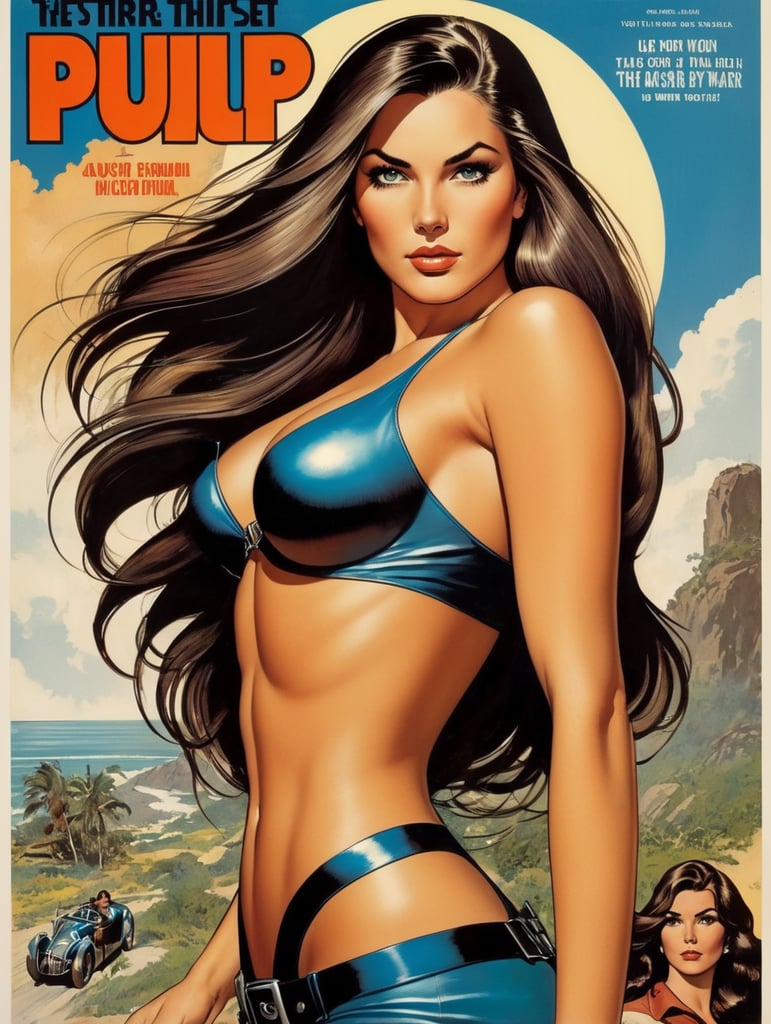This artwork cover for a comic book of a beautiful women with long hair by George Wilson is an eye-catching poster-style drawing and illustration representing the iconic pulp style.