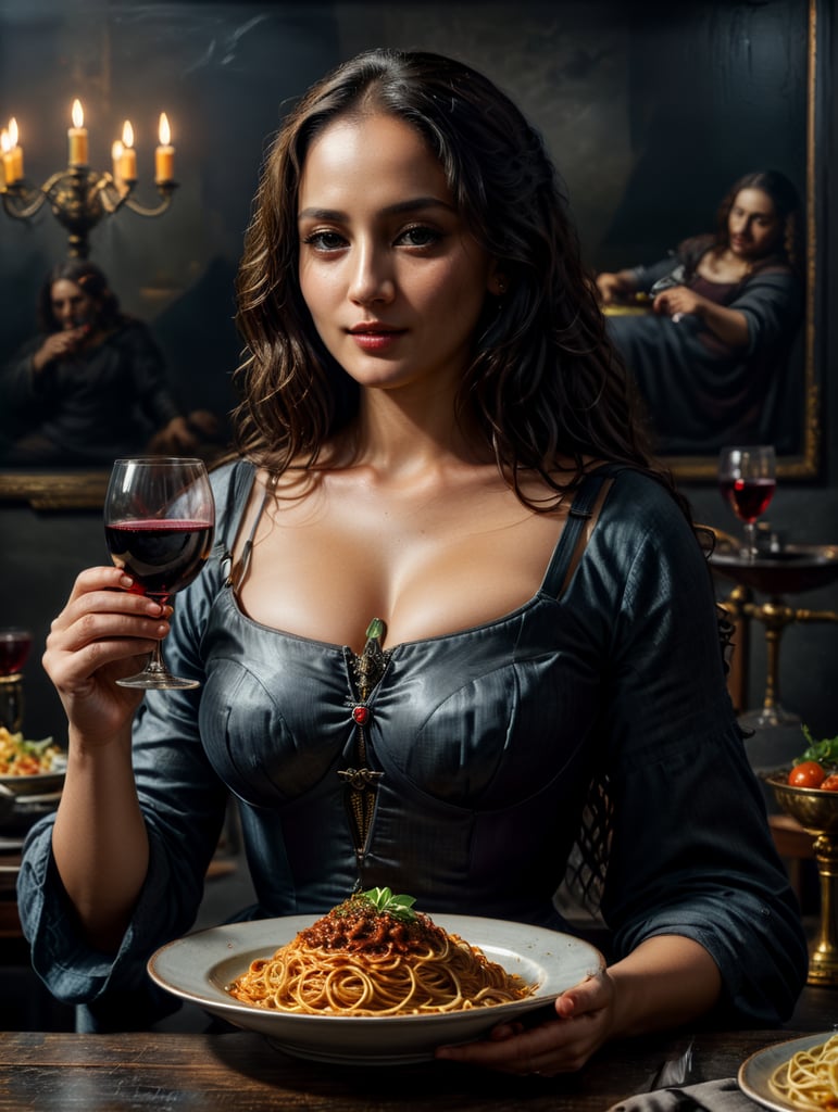 monalisa painting holding a glass of wine while having a plate of spaghetti as lunch