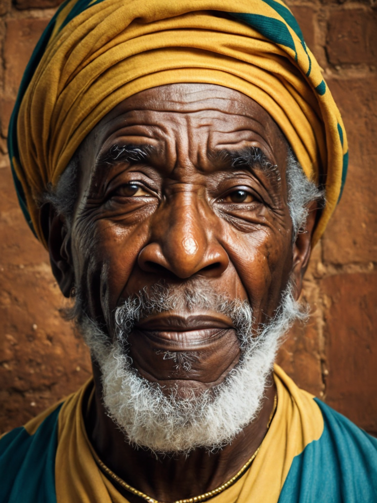 Jamaica's Old Man, portrait, realistic image, lots of details, wearing turban