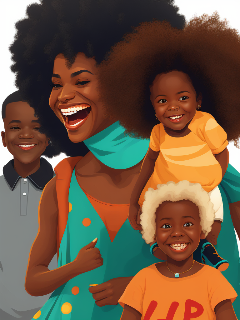 Smiling black woman, afro, award winning children's book illustration style, 2d illustration, white background, front view, vector