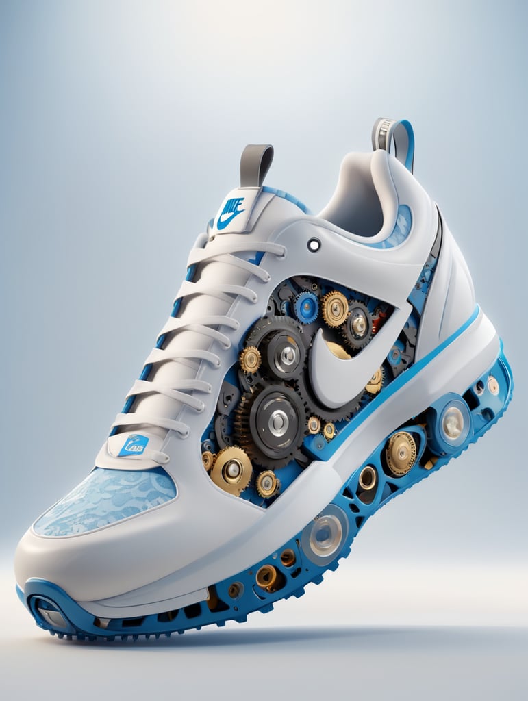 Nike sneakers made out gears, wires, mechanical, electronics, pcb, hyper-realis, futurist, stunning unreal engine render, product photography 8k, hyper-realistic. surrealism