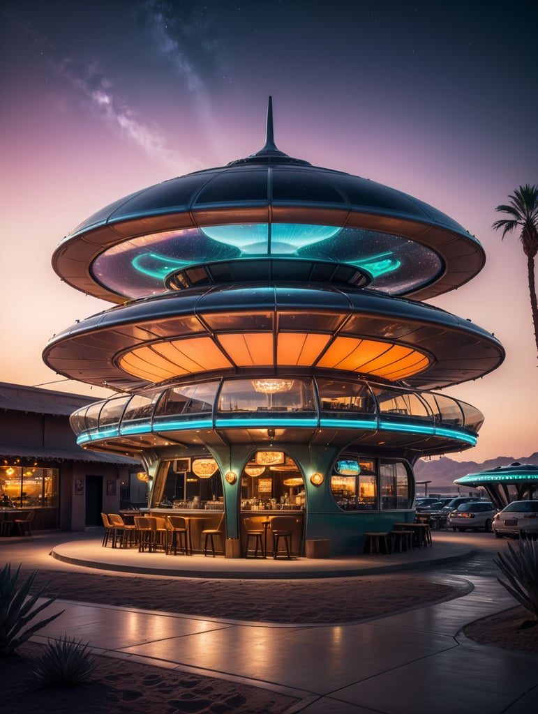 futuristic ufo cafe, desert, an night, neon, glass