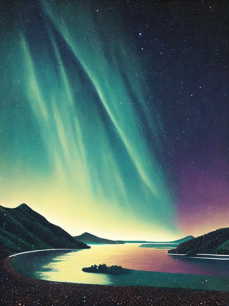 nothern lights, torqoise and white, polar, pointillism, Beautiful landscape, intricate detail, by Paul Signac and Maximilien Luce