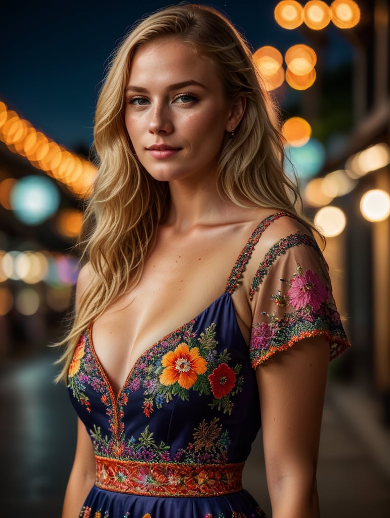 Beautiful blonde woman with freckles, wearing a colorful, vibrant, detailed embroidered dress, medium-full shot, at night