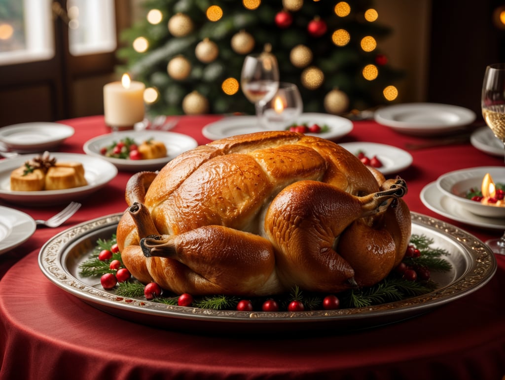 whole baked dish on metal tray at an elegant Christmas dinner on a table with red tablecloth inside a luxury dining room, 4k, octane render, professional photography, highly detailed, front view, creative composition, studio lighting, realism, dramatic lighting, cuisine photography