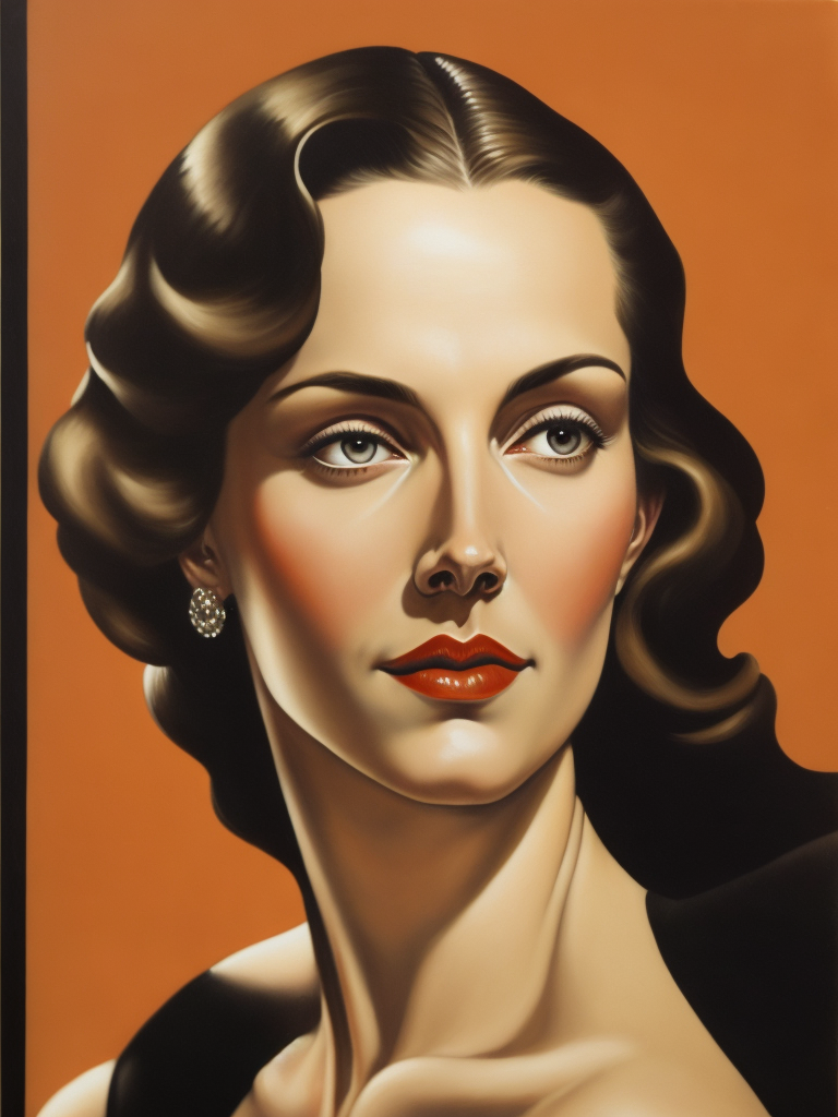 A painting of a very beautiful, middle aged woman in the art deco style of Tamara de Lempicka.