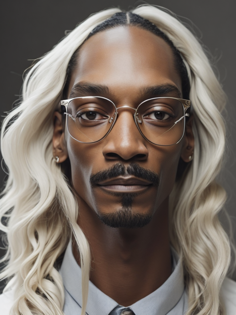 Portrait of Snoop Dogg with white skin and blond hair, glasses and mustache