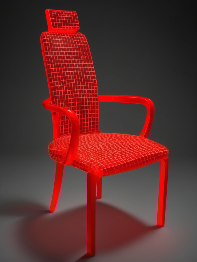 A three-dimensional model of a chair made of a neon-red regular uniform grid of streamlined squares over the entire surface of the body, for the effect of volume and depth on a dark background-there are --no mirror reflections