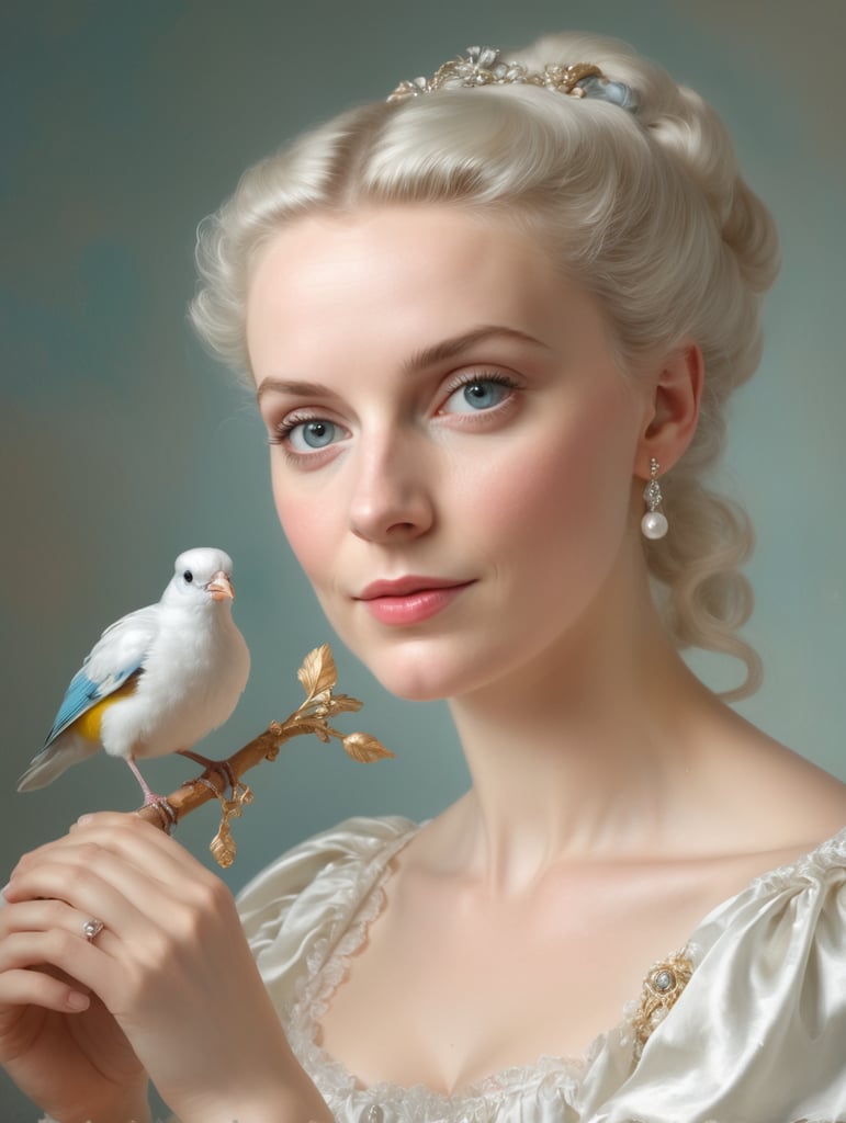 oil portrait painting of Marie-Emilie holding up a small bird Baudouin from François Boucher in the Rococo style, soft pastel colours and lots of fine details