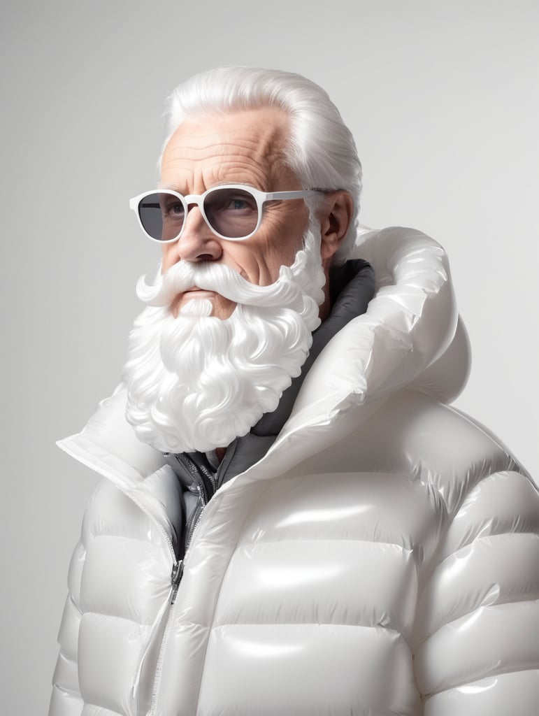 Inflatable white minimalist old man with beard puffer jacket, transparent, isolated, grey background, mockup