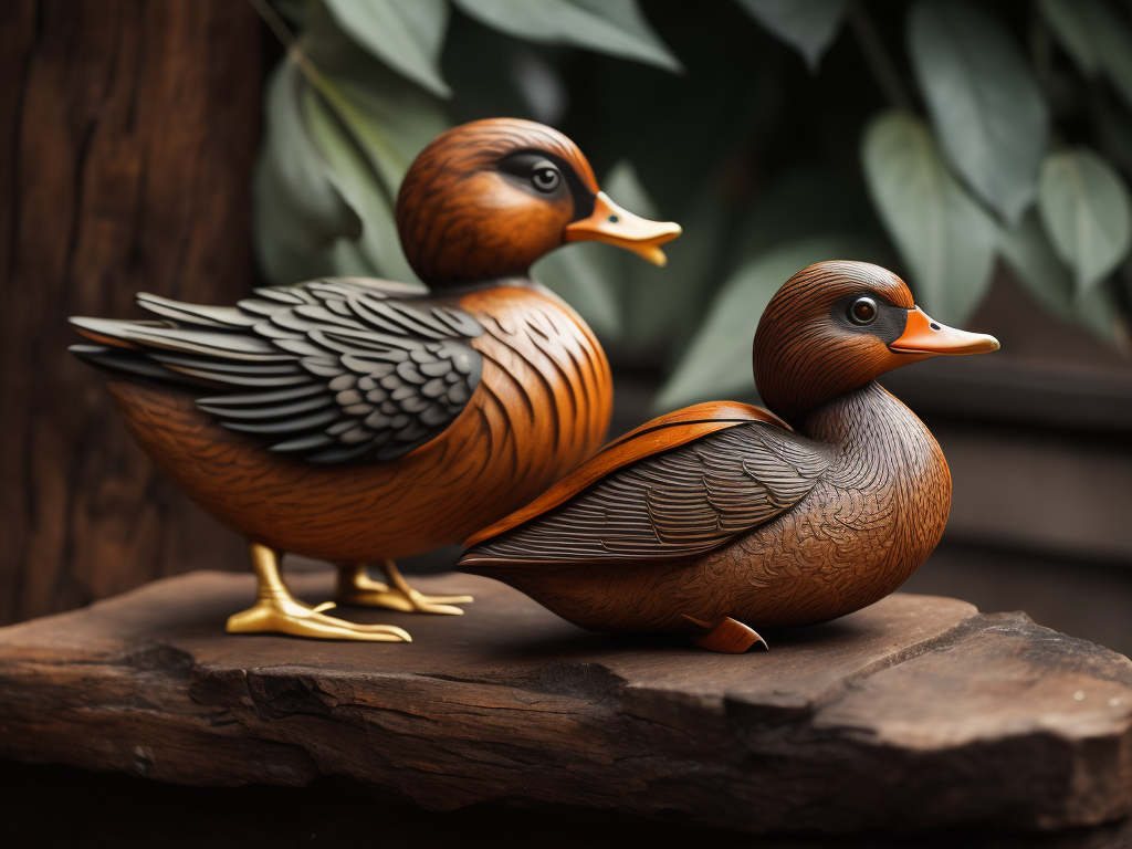 a deep carved wooden duck, sharp on details