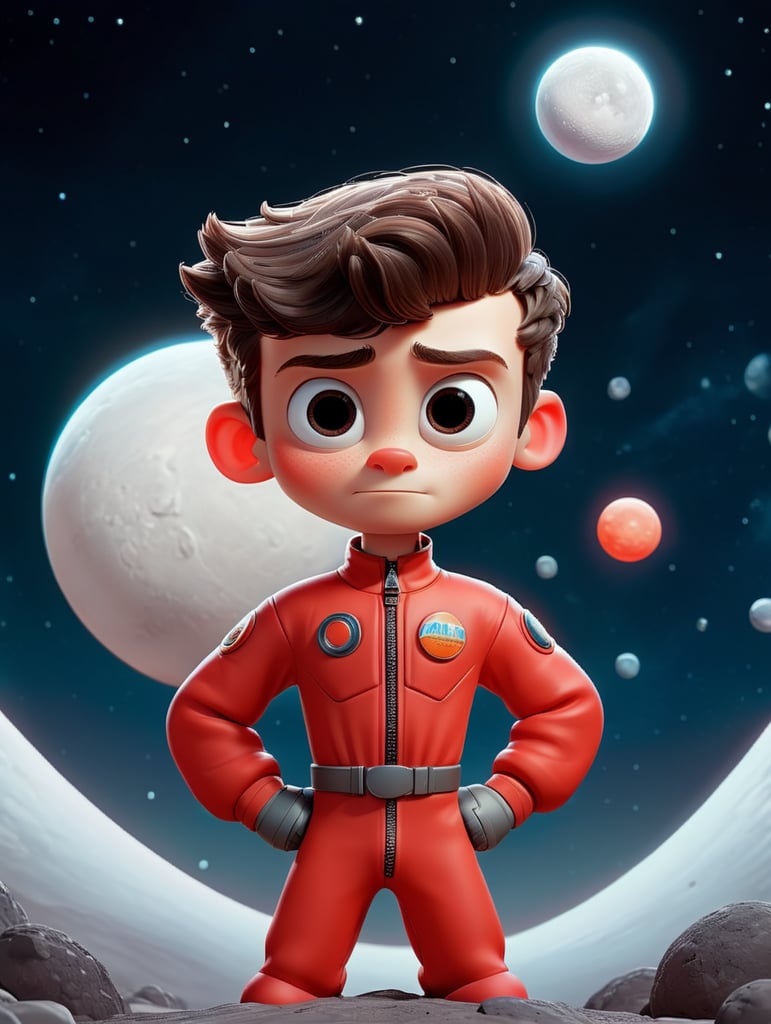 pre teen boy in red space suit standing on small moon in outer space.