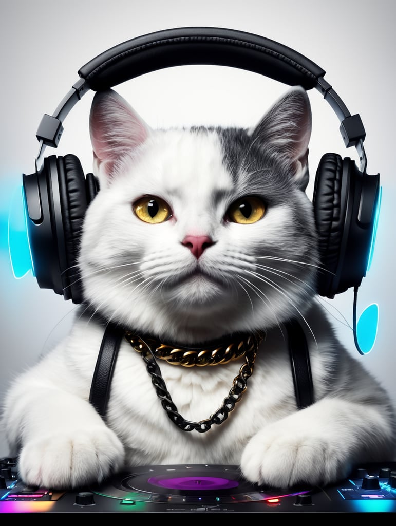 Black color cat DJ playing DJ set, wearing music headphones and gold chain, hall full of people having fun in the background, ultra realism, super detailed, neon colors